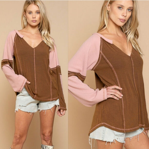 POL spliced thermal split neck top pink brown medium - Picture 4 of 5